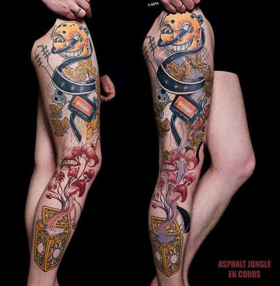 box and mushroom tattoo on leg 10-leg-tattoo
