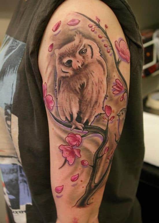 cherry blossom and owl tattoo