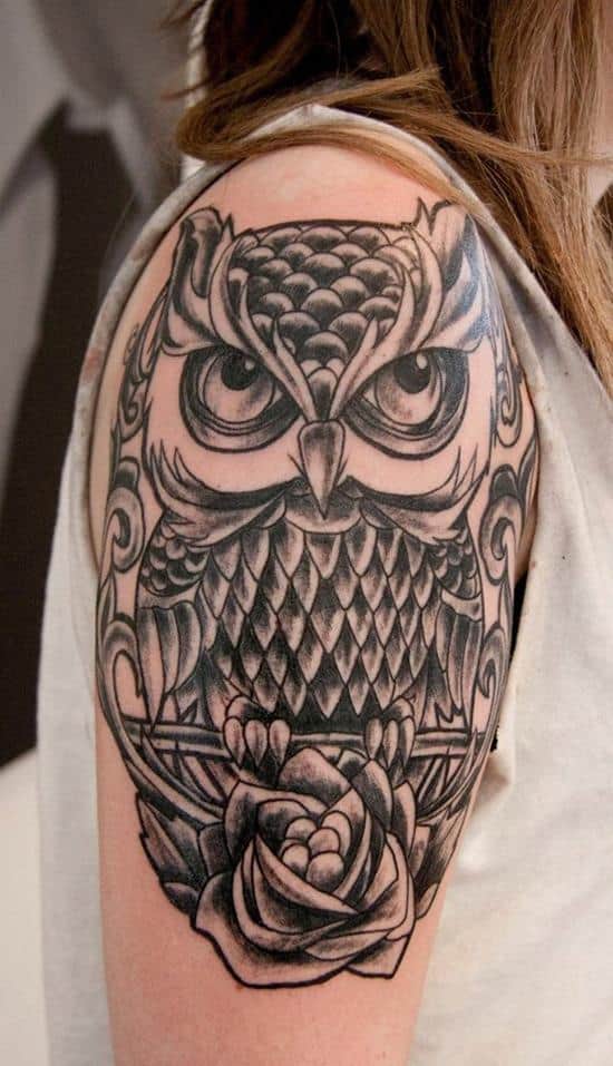 black and white owl tattoo