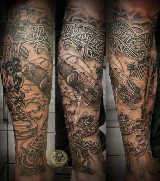 rose and car tattoo on leg 19-final-chicano-car-girl-leg