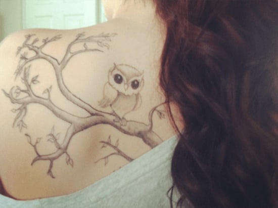 mini owl shoulder back tattoo