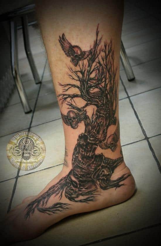 skull tree tattoo on leg 29-Horror-tree-skull-tattoo