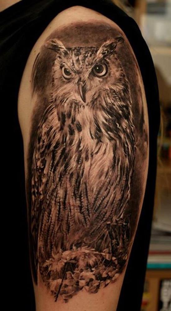 black and white shoulder owl tattoo