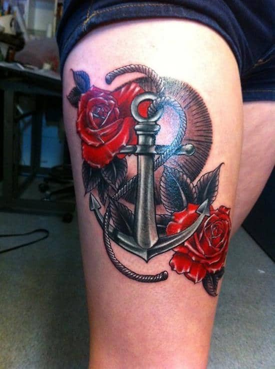 31-Anchor-and-Rose-Tattoo-on-Leg