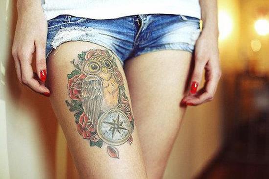 owl and rose tattoo on leg 32-Owl-and-roses-on-leg