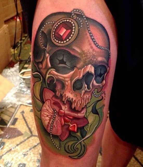 skull with gem tattoo on leg 35-Colorful-skull-tattoo-on-leg