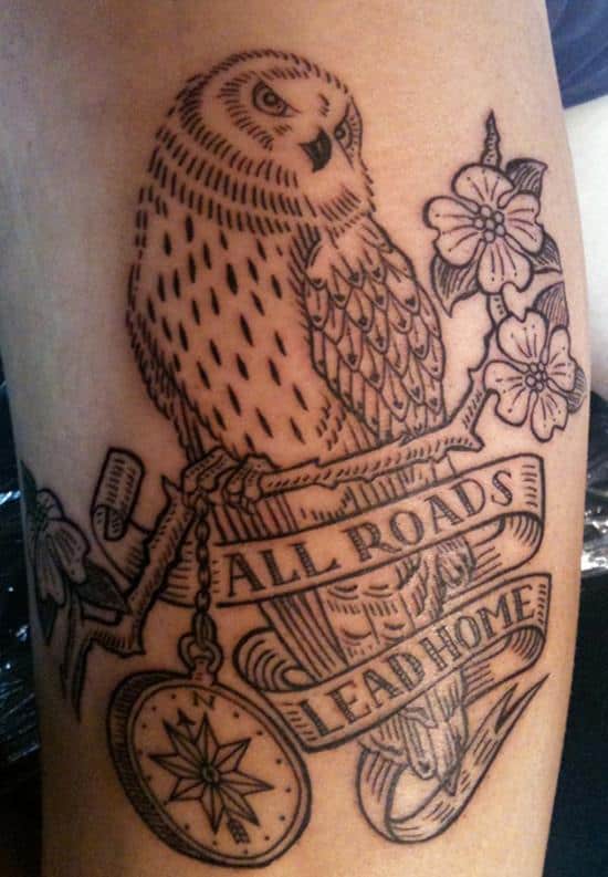 all roads lead home owl tattoo