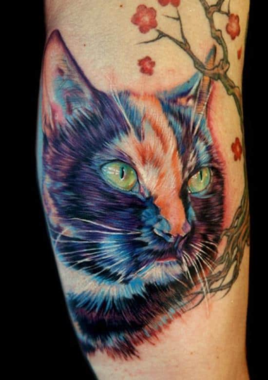 colorful cat tattoo on leg 44-Realistic-cat-tattoo-on-leg