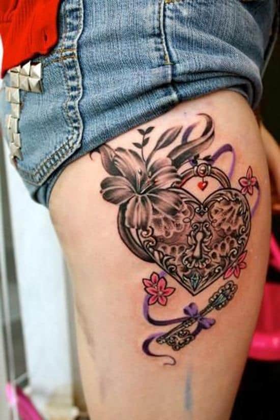 heart lock and key tattoo on leg 45-Heart-+-Key-leg-tattoo