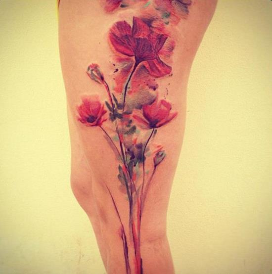 watercolor floral tattoo on leg 47-Watercolour-flower-tattoos-on-leg