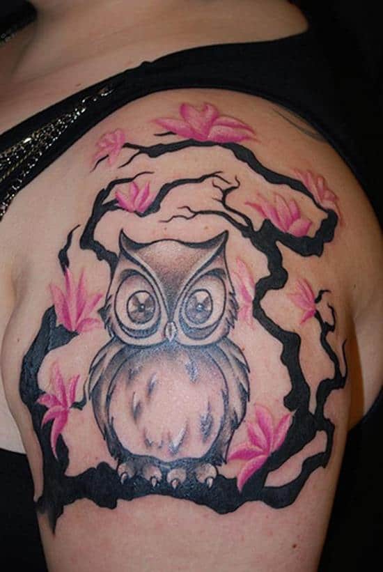 cherry blossom and cute owl tattoo