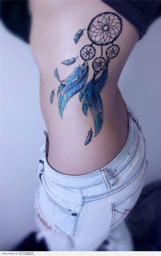 dreamcatcher blue tattoo idea on side