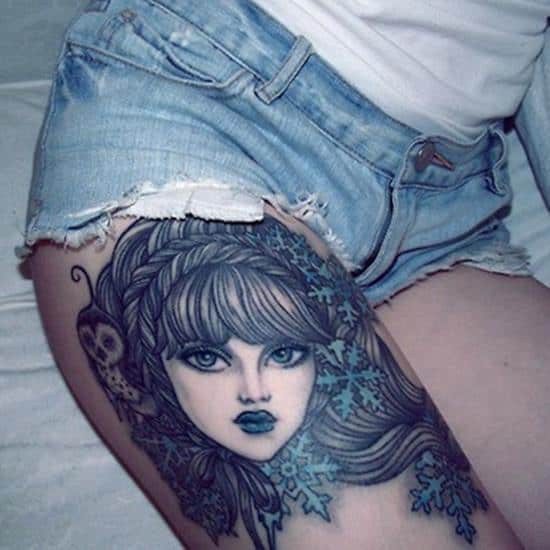 owl and portrait tattoo on leg Leg-Tattoos-14