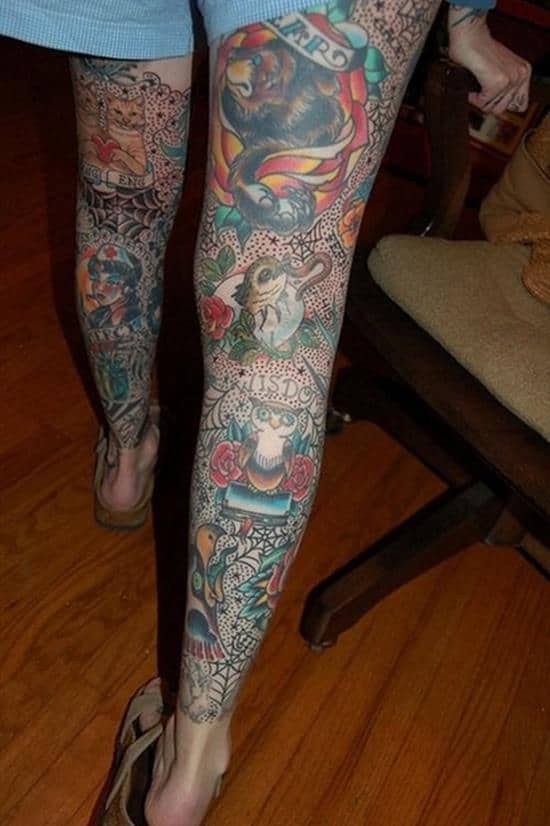 owl and rose tattoo on leg Leg-Tattoos-18