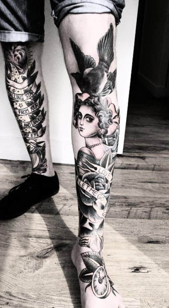 bird and rose tattoo on leg Leg-Tattoos-29