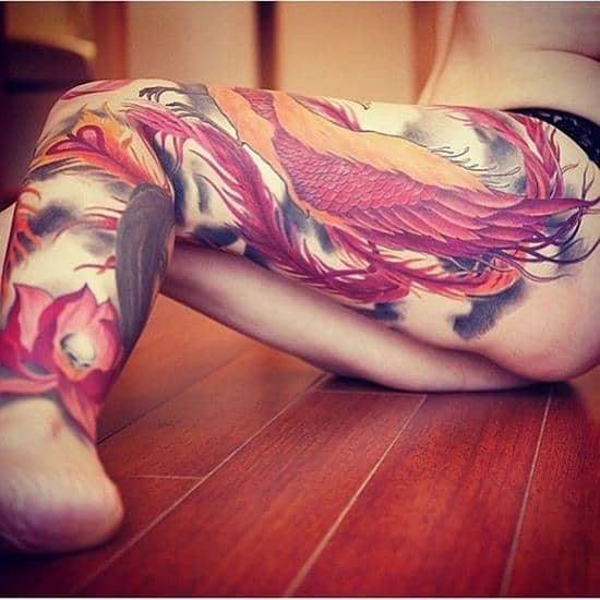 phoenix and lotus flower tattoo on leg Leg-Tattoos-30