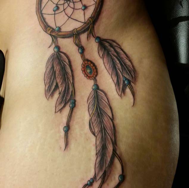 3D Dreamcatcher Tattoo on Thigh