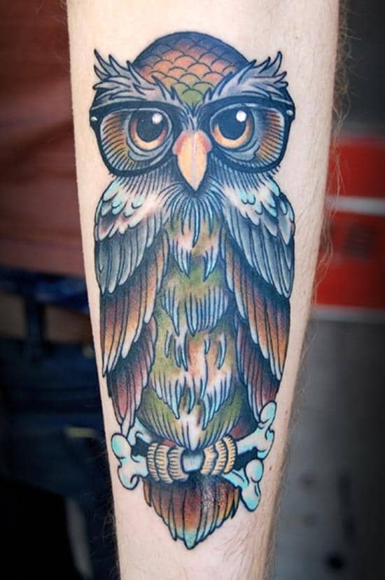 blue owl in glasses tattoo