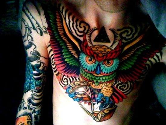 whole chest colorful owl tattoo
