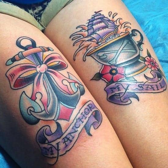 anchor with ribbon tattoo on leg thigh-tattoo-anchor-sail