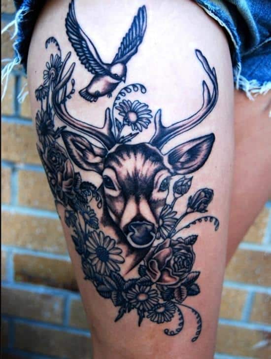 deer and bird tattoo on leg thigh-tattoo-deer