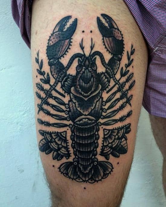 lobster tattoo on leg thigh-tattoo-lobster