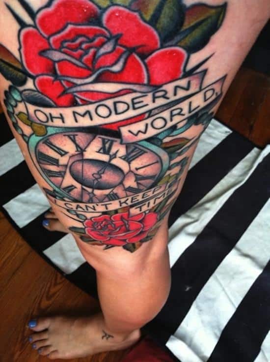 rose and clock tattoo on leg thigh-tattoo-time