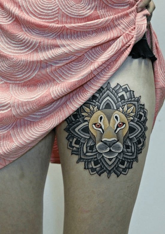 mandala lion tattoo on leg thigh-tattoos-lion