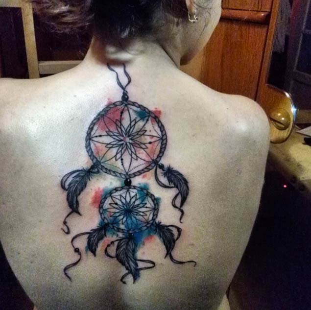 Watercolor Dreamcatcher Tattoo on Back