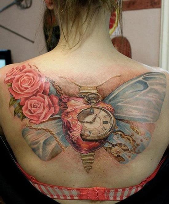clock on heart with butterfly and roses back tattoo