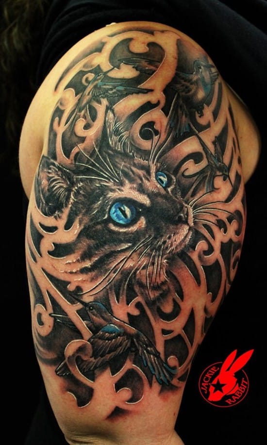 25-Blue-Eye-Cat-and-Bird-Tattoo-by-Jackie-Rabbit