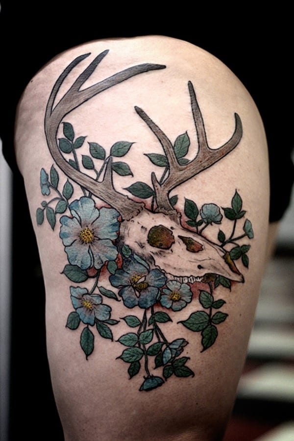 27-Stag-Skull-and-Flower-Tattoo