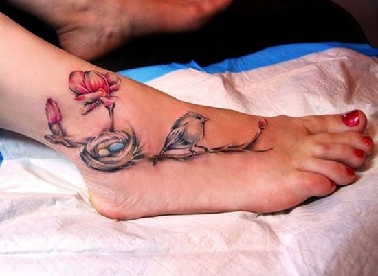 flower and bird tattoo on ankle 3-Bird-and-nest-tattoo-on-ankle-and-foot