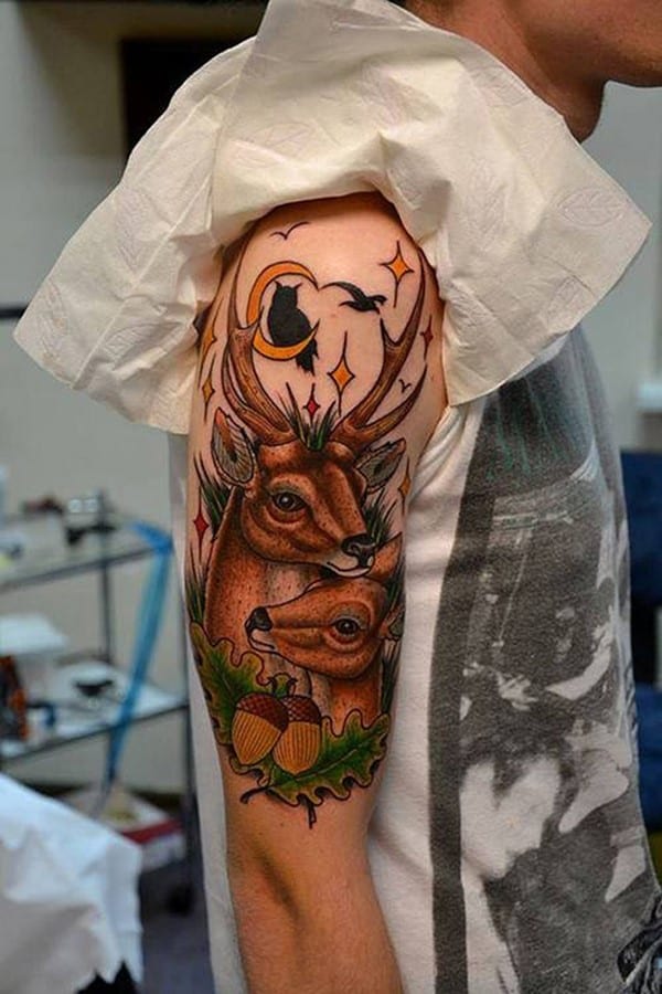 Neotraditional deer tattoo on the right upper arm and