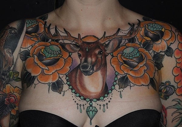 31-Deer-and-Flower-Tattoo-on-Chest-for-Women