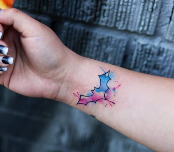 Watercolor Bat Tattoo on Wrist by Georgia Grey