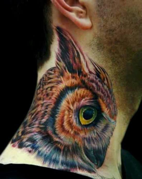 32-Owl-Head-Tattoo-On-Men-Side-Neck