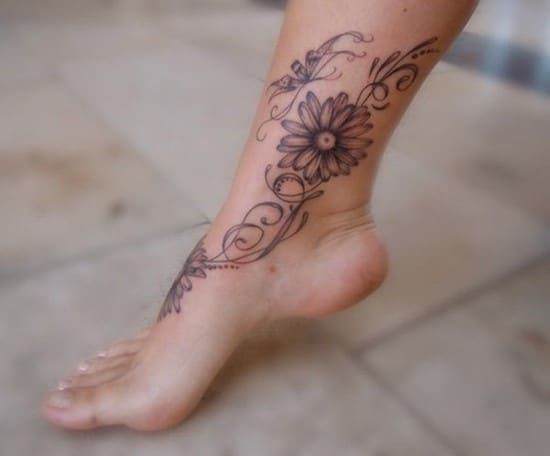 flower tattoo on ankle 35-Daisy-flowers-with-initial-I