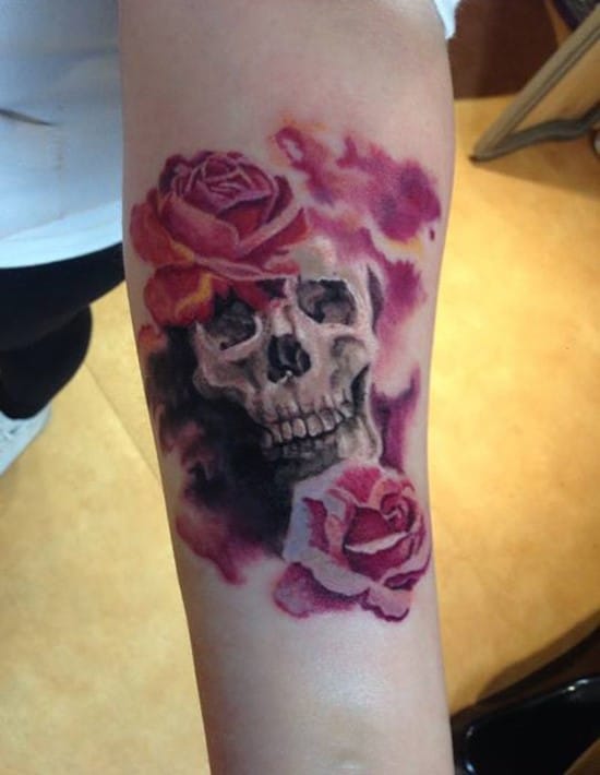 36-Skull-and-Flower-Forearm-Tattoo