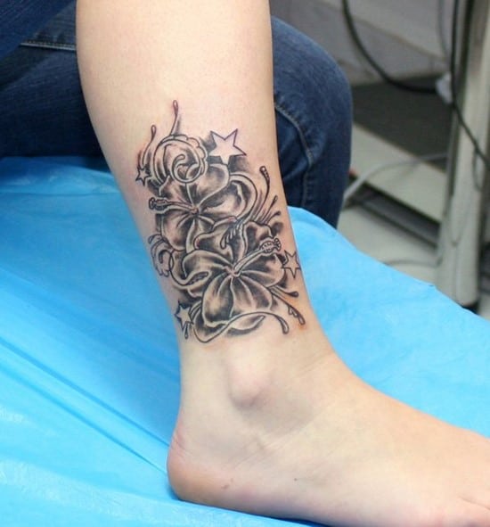 hibiscus and star tattoo on ankle 36-hibiscus
