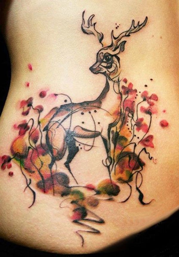 37-Watercolor-Deer-Tattoo-on-Side