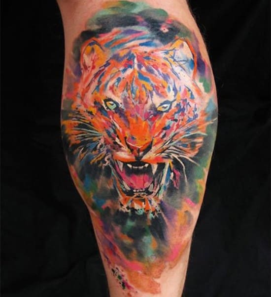 watercolor tattoo of tiger on leg