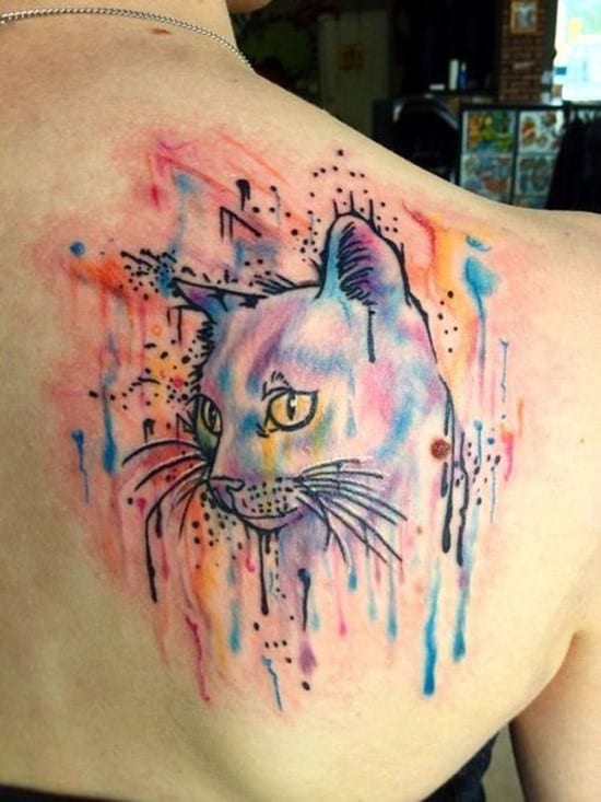45-chic-cat-watercolor-tattoo-on-upper-back-for-girls