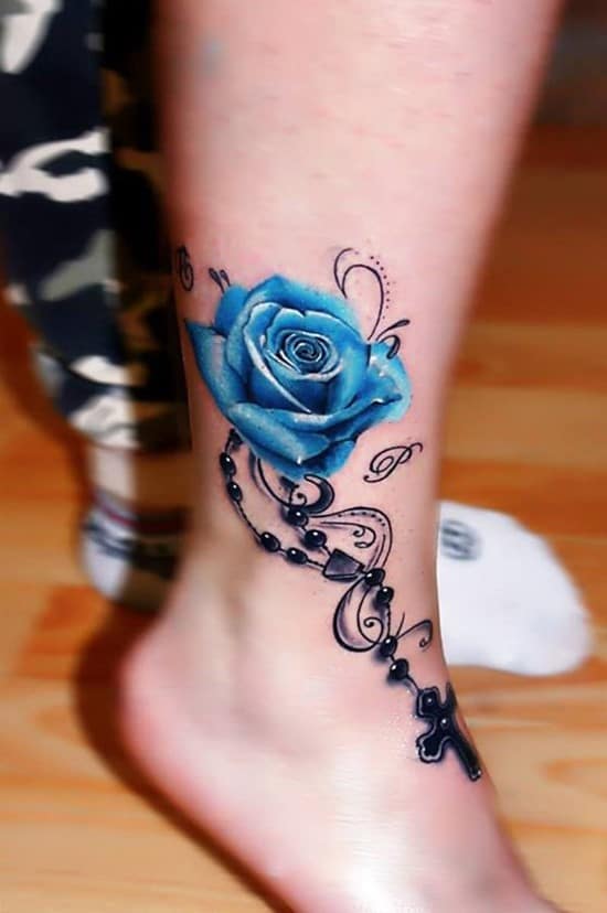 rosary and rose tattoo on ankle 47-Bule-Rose-Ankle-Tattoo
