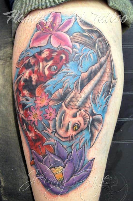 lotus flower and koi fish tattoo on leg 48-fish-tattoo
