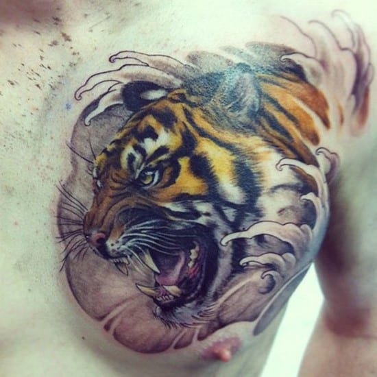 tiger with waves chest tattoo