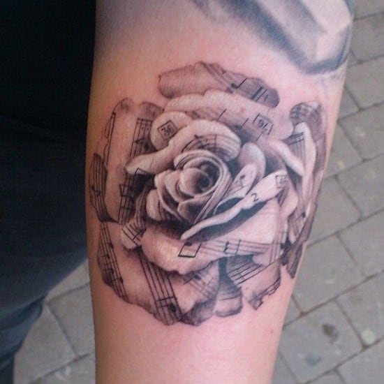 53-Sheet-music-rose-Forearm-Tattoo