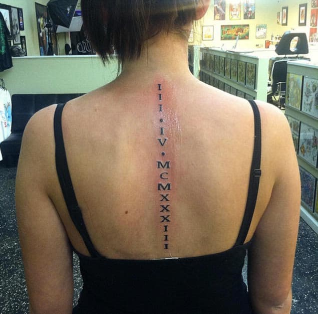 Roman numerals tattoo on the upper back