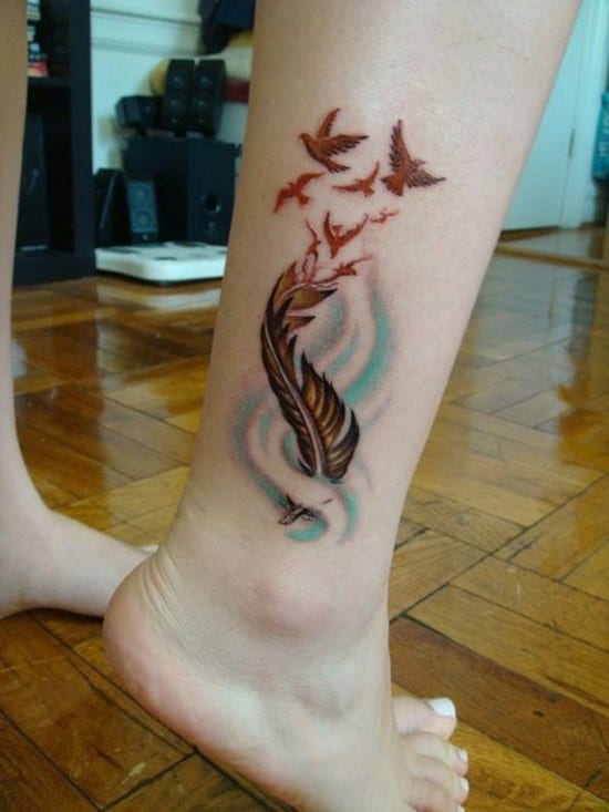 feather and bird tattoo on ankle 61-Colored-feather-tattoo