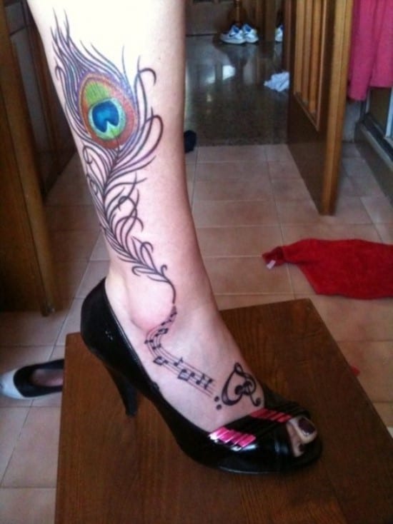 peacock feather tattoo on ankle Amazing-Peacock-Feather-with-Musical-Notations-Ankle-Tattoo